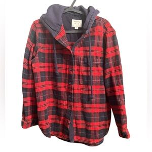 American Eagle Navy and Red Plaid Hooded Flannel Shirt M